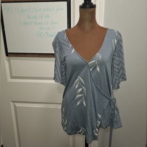Blue Wrap Top with Leaf Print
